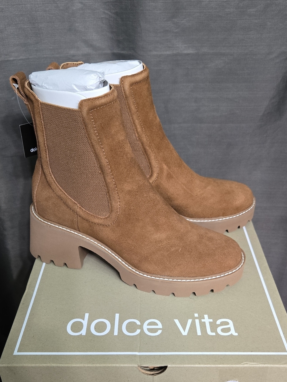 Dolce Vita Tan Suede Chelsea Lug Booties Waterproof